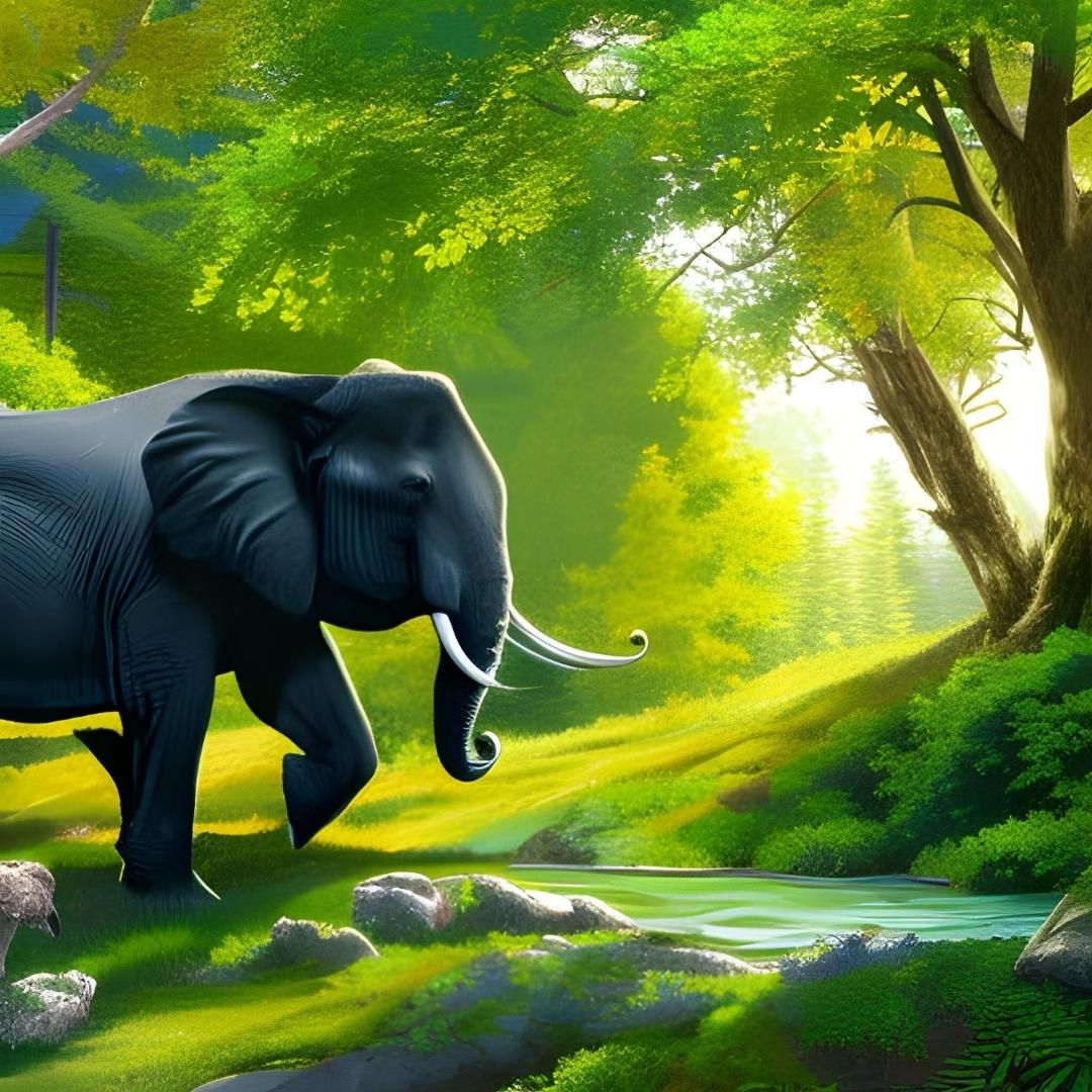 Dibujo de un elefante en un bosque en referencia a los cuentos largos de animales.