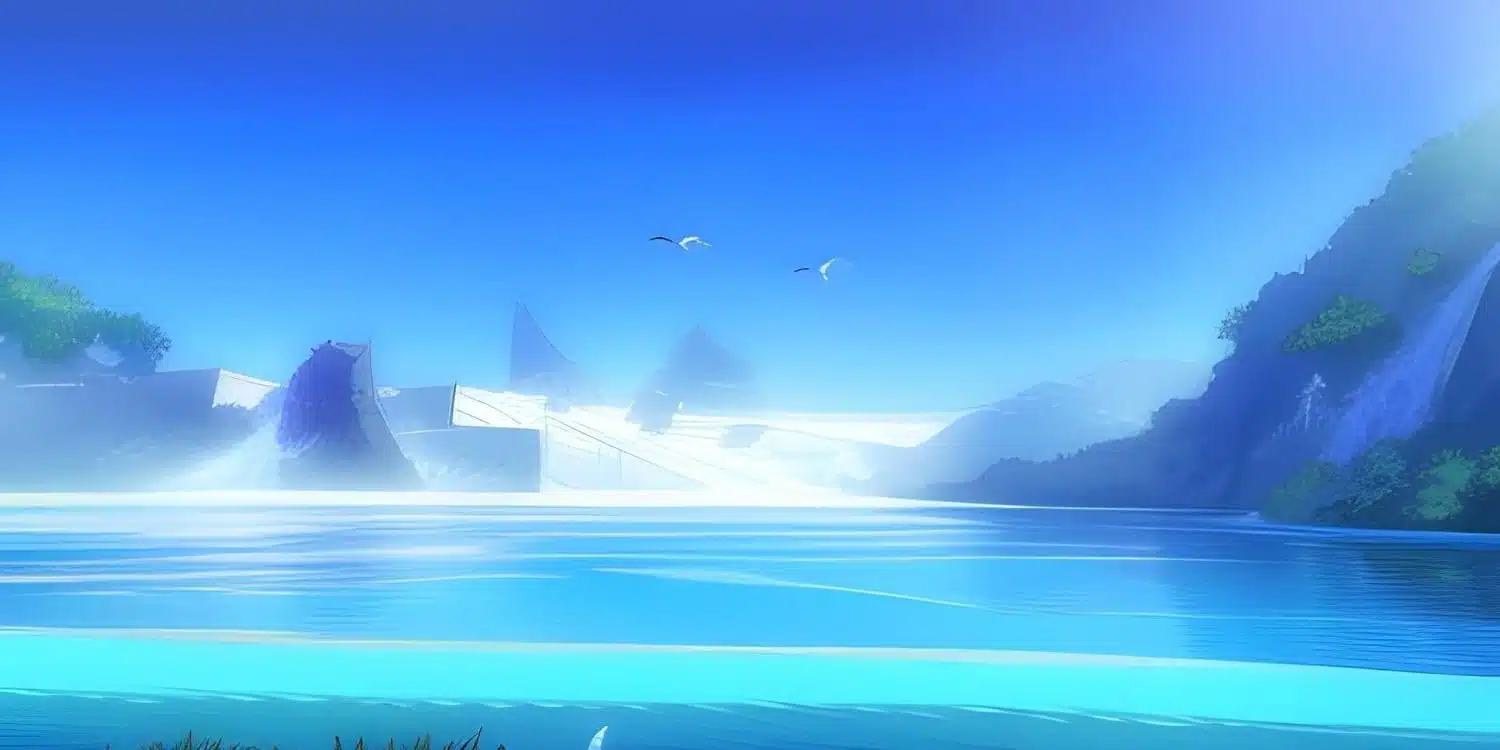 Dibujo de gran lago en tonos azules intensos, en referencia a los cuentos sobre el agua cortos