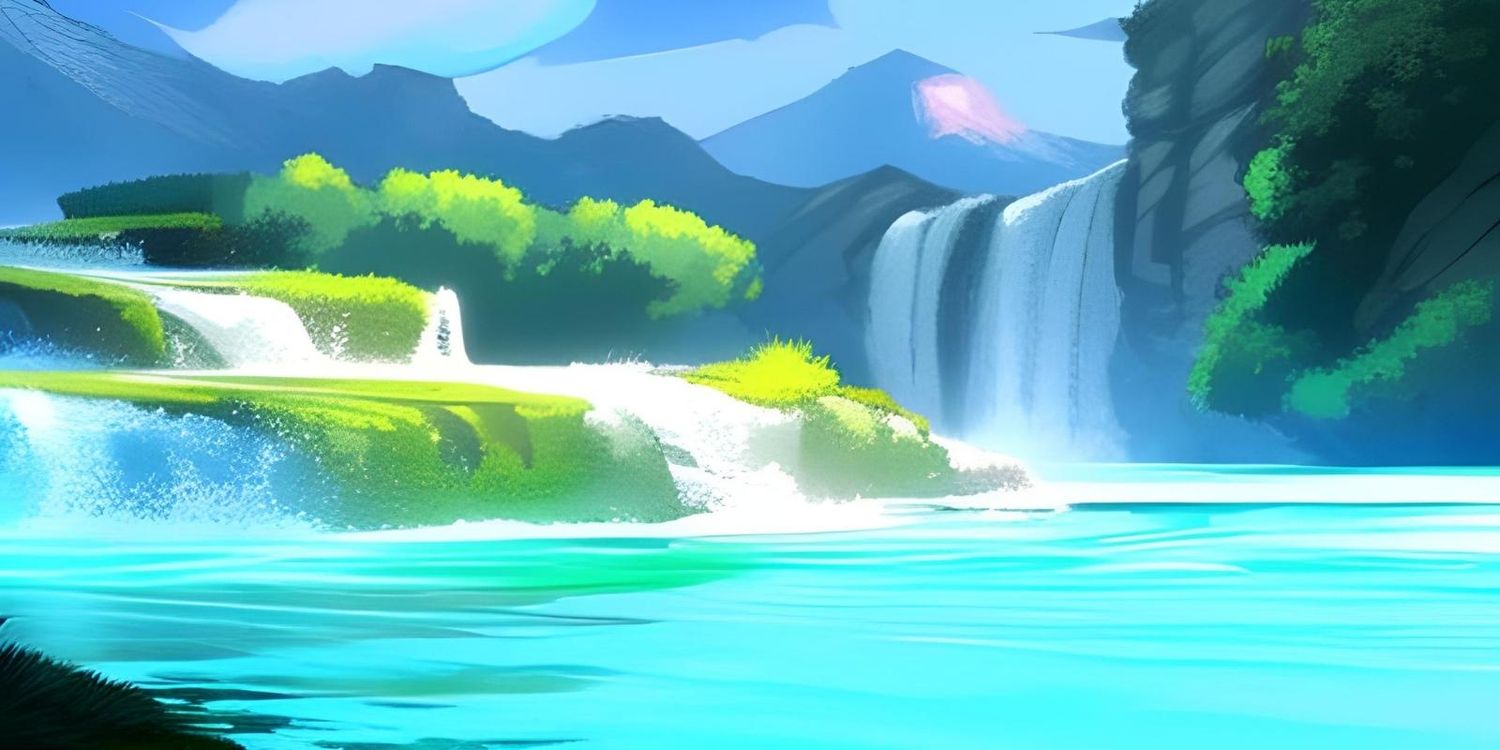 Dibujo de un lago y una pequeña cascada en referencia a cuentos del agua para dormir.