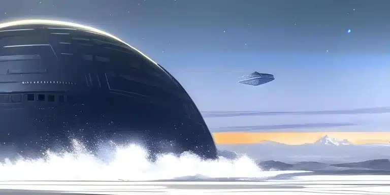 Dibujo de una gigantesca nave espacial flotando sobre un paisaje nevado bajo un cielo estrellado, con una pequeña nave volando en el horizonte.