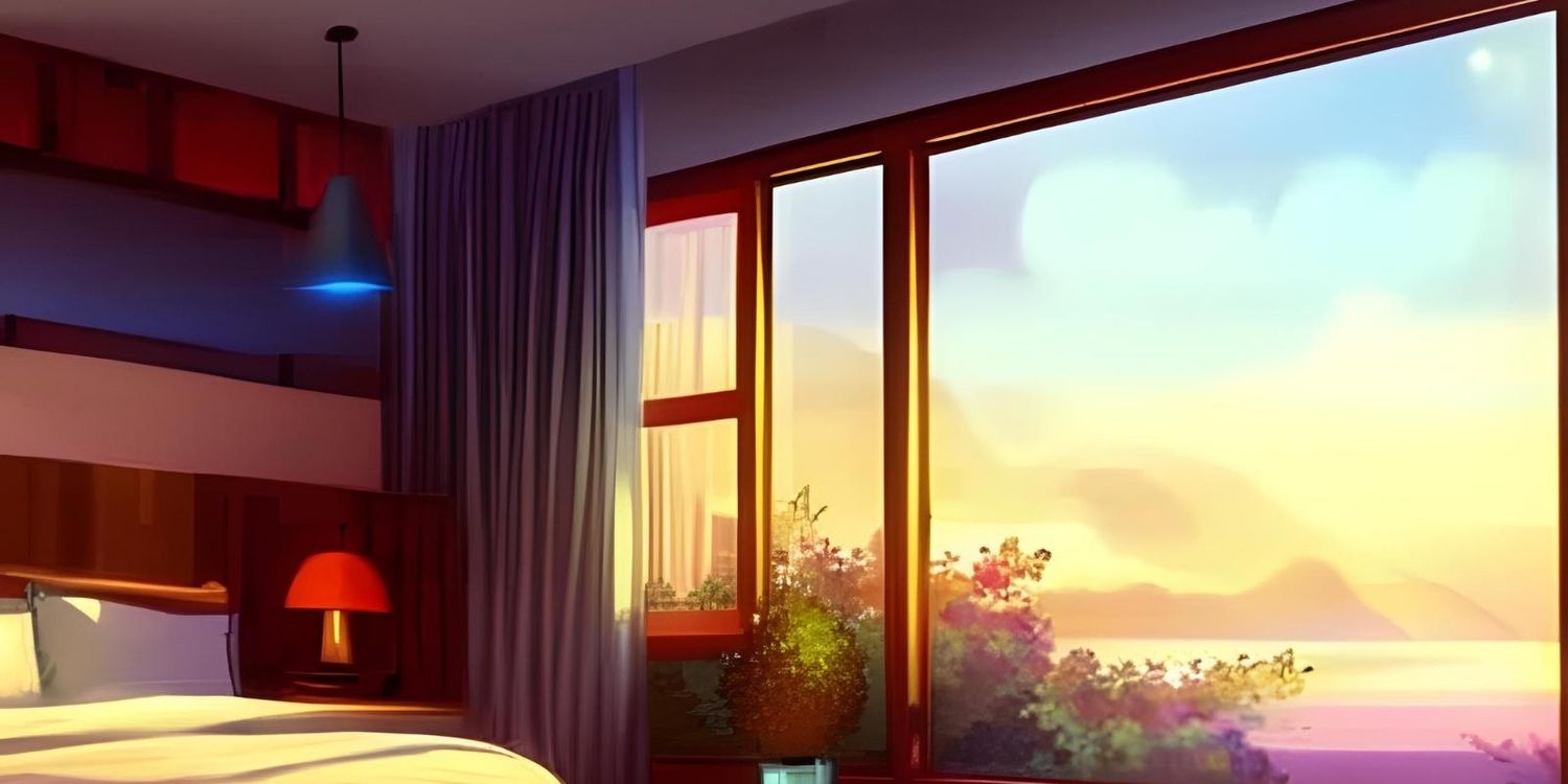 Cuentos personalizados para dormir 21 Dibujo del ventanal de un amplio dormitorio donde se ve el campo. Sale parcialmente la cama y parte del dormitorio.
