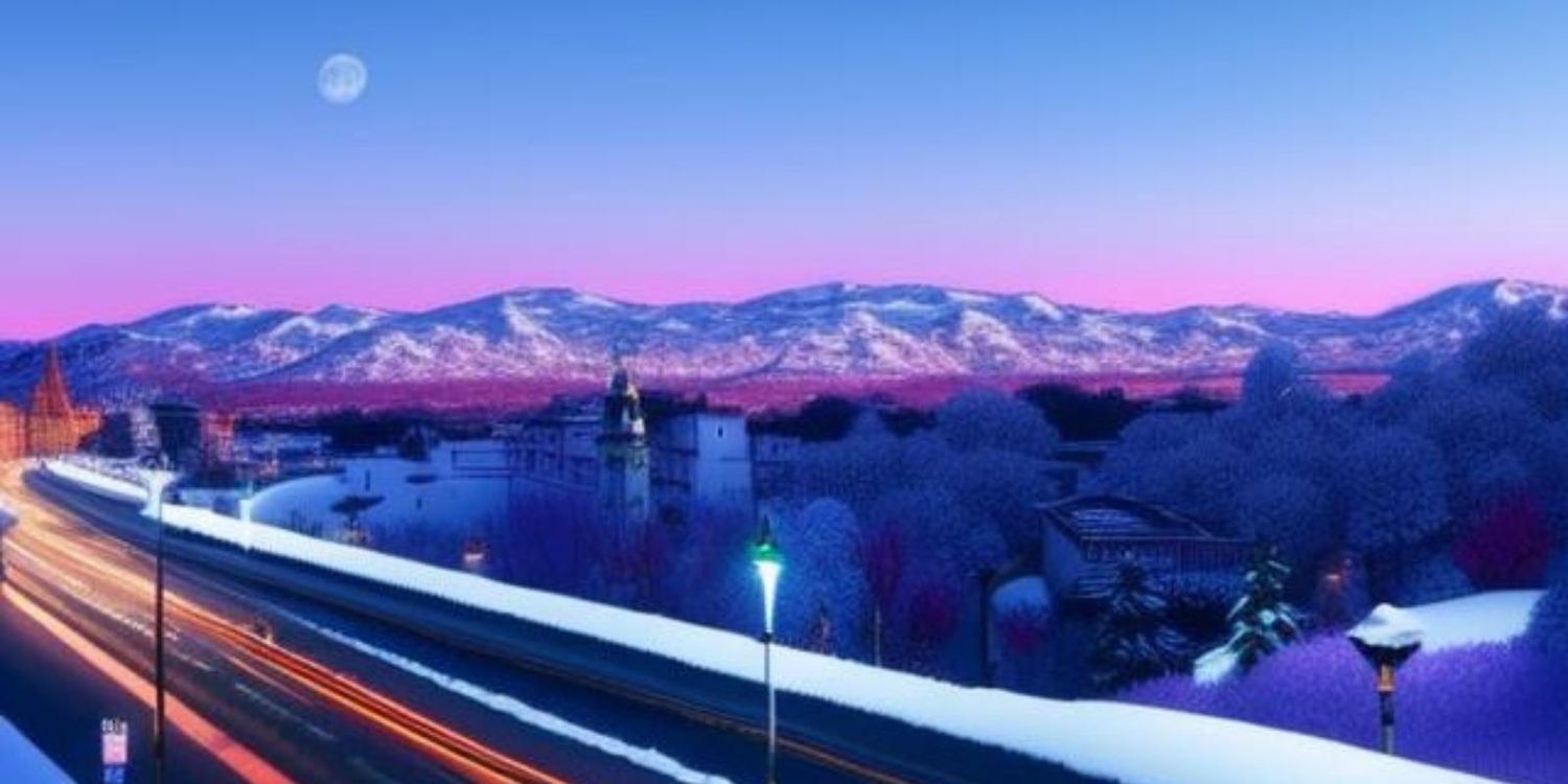 Dibujo de un pueblo en una zona nevada con montañas heladas al fondo, en referencia a los cuentos infantiles de invierno.