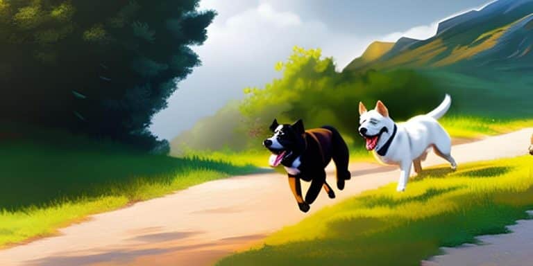 Dibujo de unos cachorros de perros corriendo por un camino.