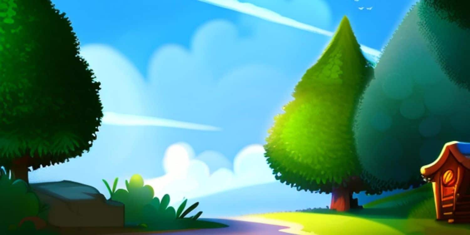 Otros cuentos en inglés 28 Dibujo de un paisaje con árboles en referencia a otros cuentos en inglés.