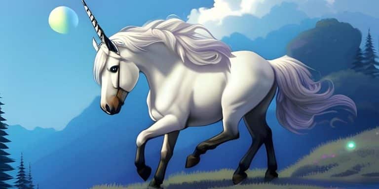 Dibujo de un unicornio blanco por el campo.