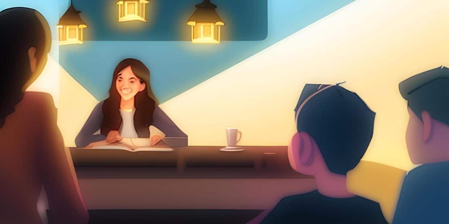 Cuentos en inglés inconclusos 25 Dibujo de una cuentacuentos contando historias a unos niños.