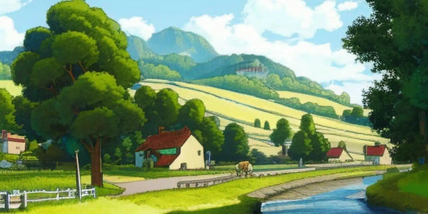 Dibujo de un paisaje de verano con un valle, un río y algunas casas.