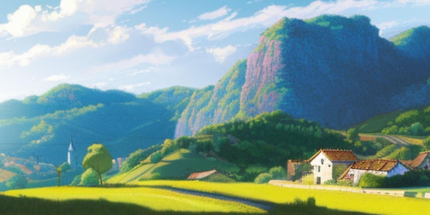 Cuento de la naturaleza: "El despertar de la naturaleza" 27 Dibujo con colores alegres de un pequeño pueblo en un valle, en primavera.