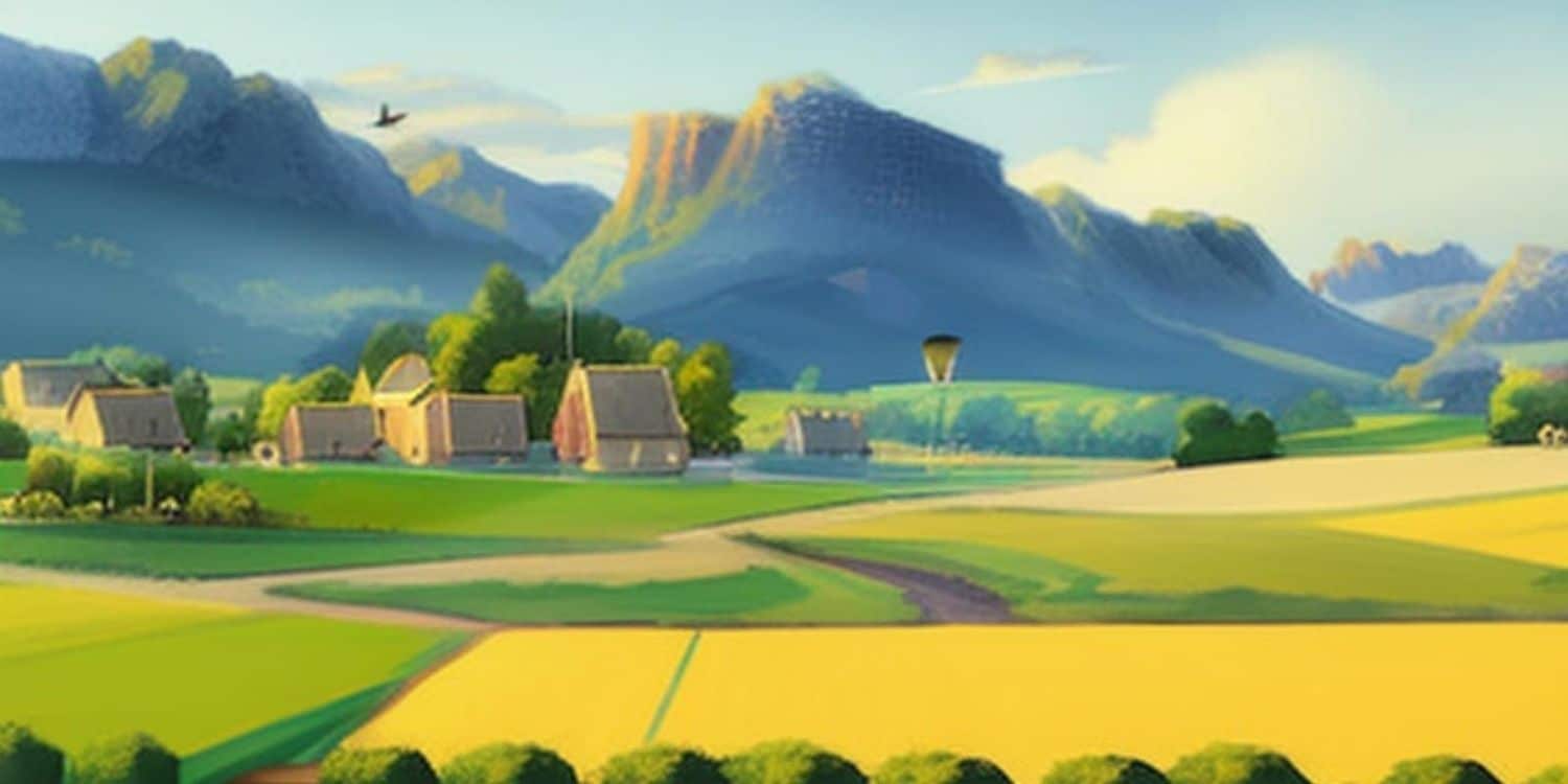 Cuentos en Inglés: Descubre su magia y sus beneficios 5 Dibujo de un paisaje de un valle, ideal como escenario para un cuento en inglés.