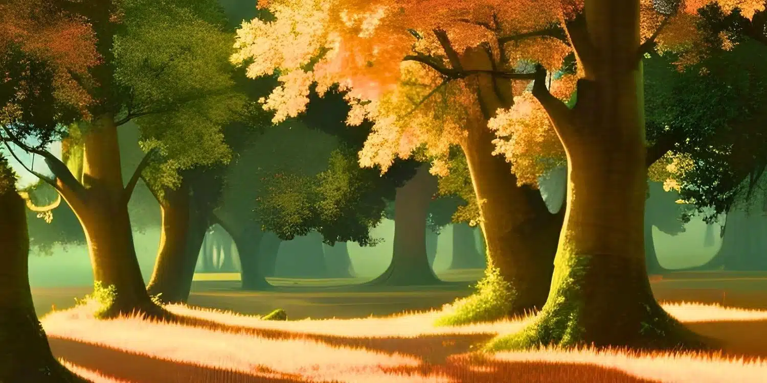 Dibujo de un parque en la estación otoñal, en referencia a los cuentos de otoño para niños y niñas.