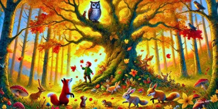 Dibujo de un Bosque en otoño con un gran árbol dorado y animales reunidos, ilustrando el cuento "El hada del otoño y las hojas doradas de color amarillo".