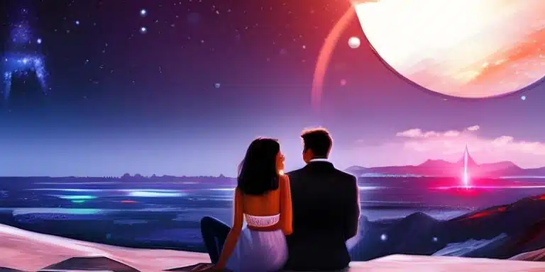 Dibujo de una pareja de enamorados de espalda mirando el horizonte en un planeta de ciencia ficción.