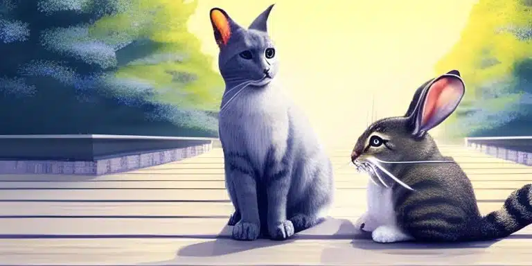 Dibujo de un gato y un conejo mirándose.