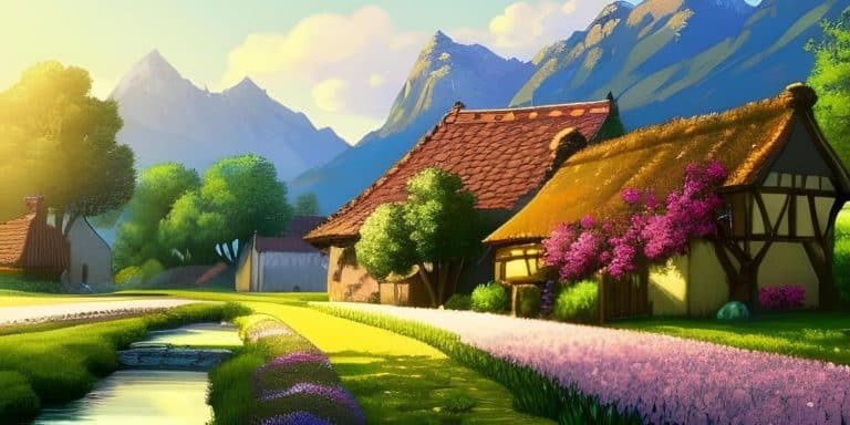 Dibujo de un pueblo en primavera en referencia a los cuentos en inglés sobre la primavera.