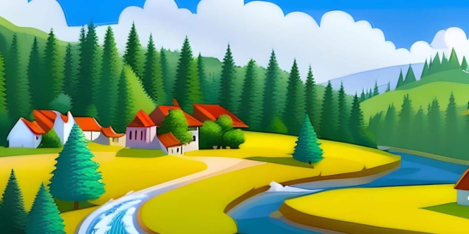 Cuentos personalizados largos 23 Dibujo de un paisaje con un largo río y un pequeño pueblo en referencia a los cuentos personalizados largos.