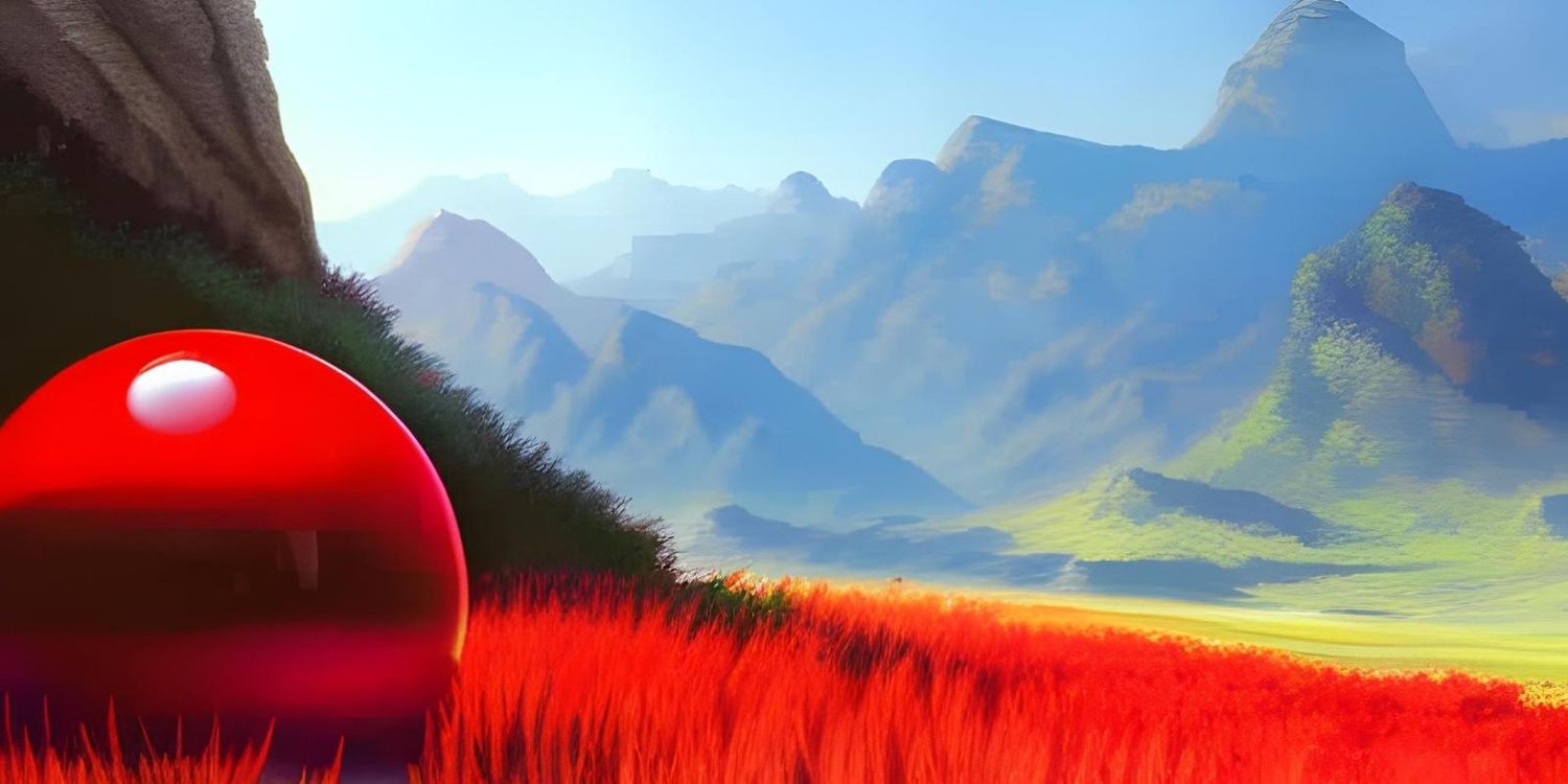 Dibujo de un paisaje de fantasía y una pelota roja en primerísimo plano.