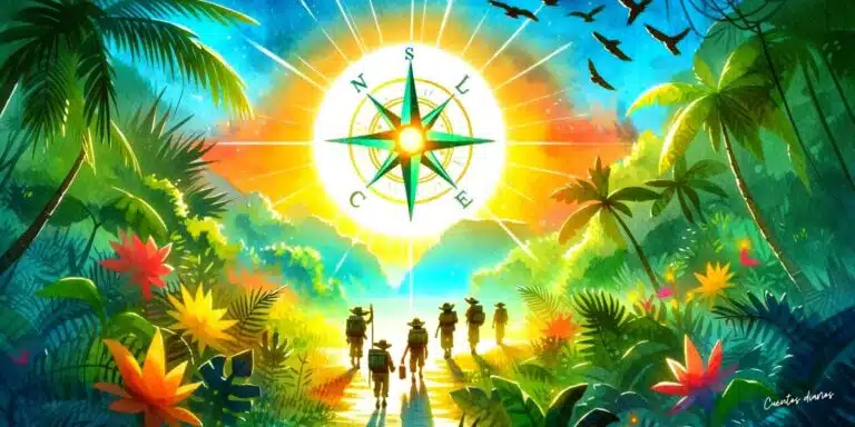 Dibujo de unos exploradores en la selva con una gran brújula al fondo en el cielo.