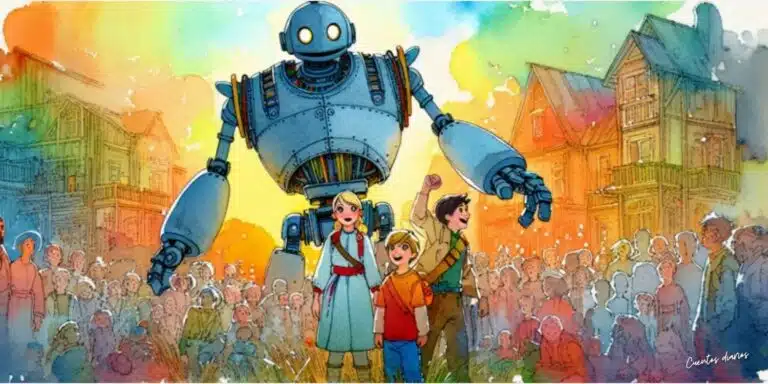 Dibujo de ciencia ficción de unos niños y un robot para en cuento: Lucía y Robotín: Los Héroes de Balibó.