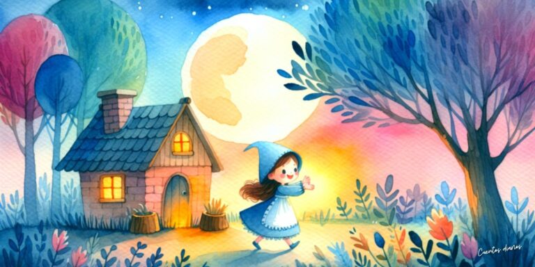 Dibujo de una niña paseando cerca de una casa de madera y con la Luna al fondo para el cuento: Lucía, el tesoro mágico y una aventura en Lunaluz.