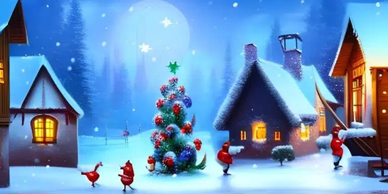 Dibujo de un pueblo celebrando la Navidad.