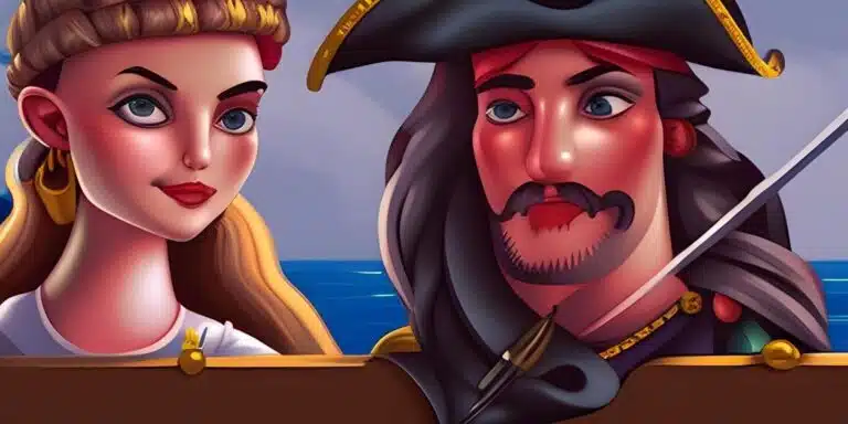 Dibujo de una princesa y un pirata en un barco.