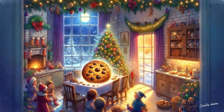 Dibujo de gran galleta de Navidad en una casa y con un árbol de Navidad al fondo.