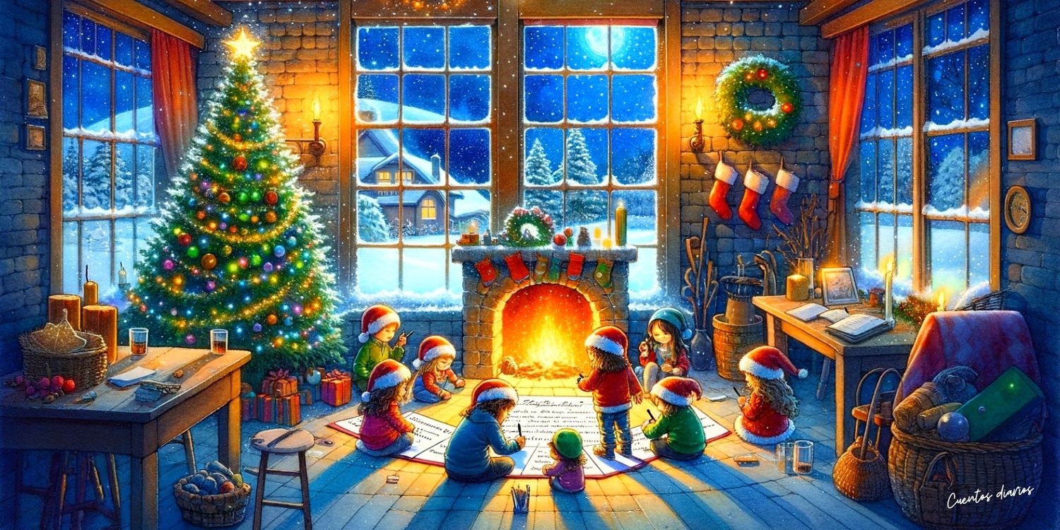 Dibujo de niños y niñas alrededor de una chimenea en el salón de casa adornado con motivos navideños.