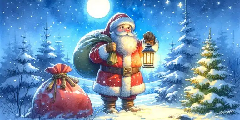 Dibujo de Santa Claus con su gran saco rojo en el suelo, en un paisaje nevado.