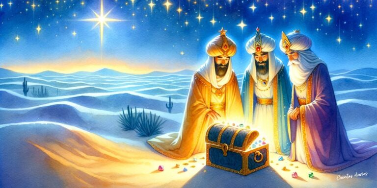 Dibujo de los tres Reyes Magos de oriente ante un tesoro y con la estrella de la Navidad al fondo. Publicado en cuentosdiarios.com