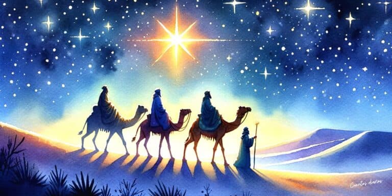 Dibujo al contraluz de los tres Reyes Magos de oriente con la estrella de la Navidad al fondo.