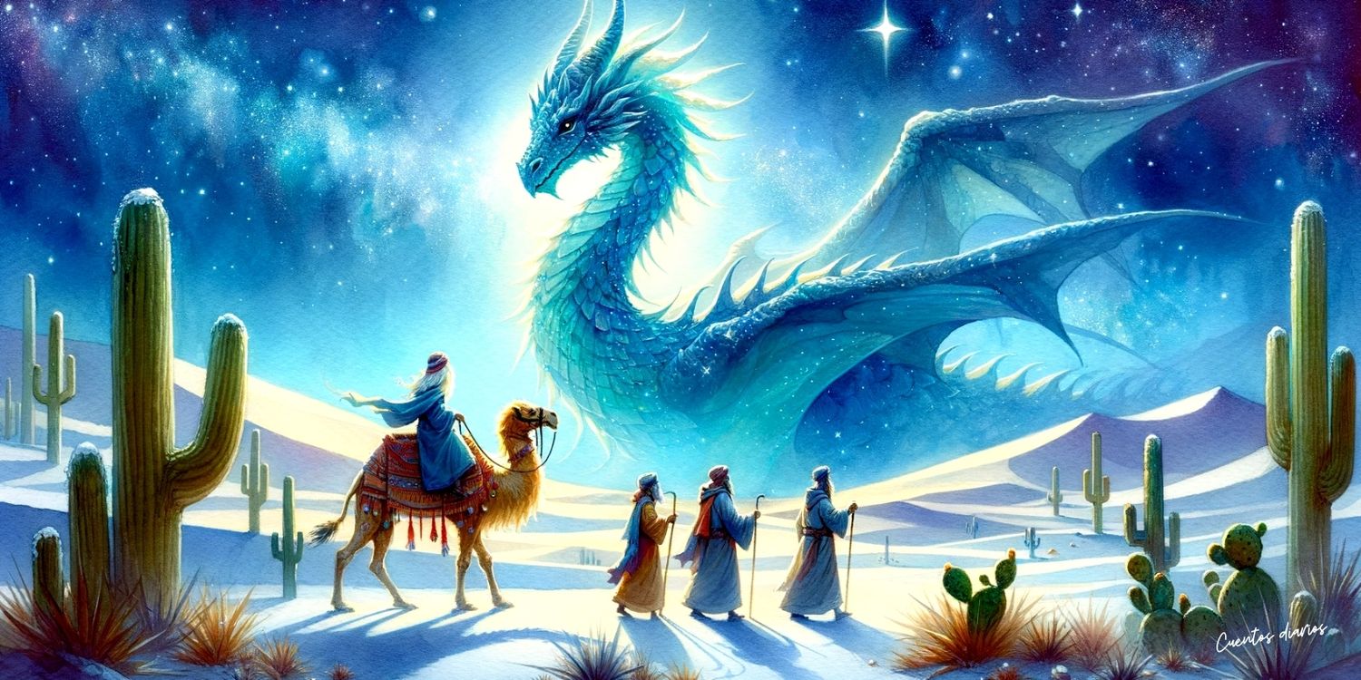 Dibujo de un gran dragón en tonos y los Reyes Magos dentro de un cuento navideño.