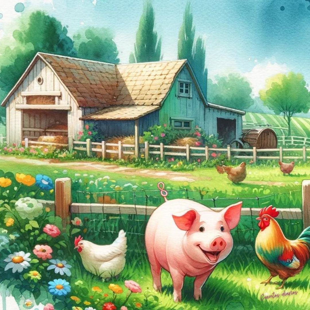 Dibujo de animales domésticos en el campo con una granja al fondo.