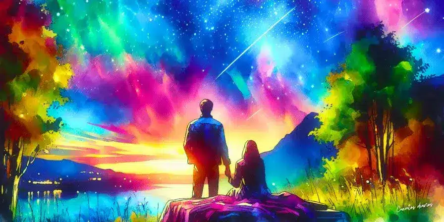 Dibujo al estilo acuarelas de una pareja sentada en una manta observando el cielo estrellado con auroras y estrellas fugaces.