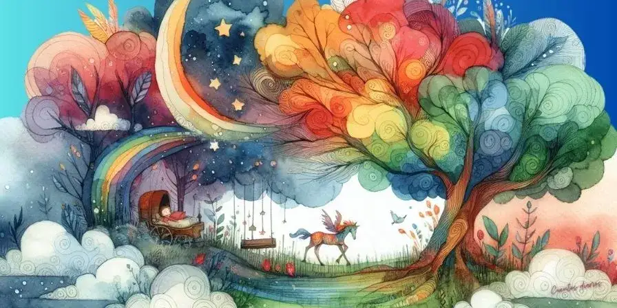 Ilustración de un árbol mágico en un paisaje de ensueño, con un caballo alado, columpios y estrellas en el cielo nocturno.