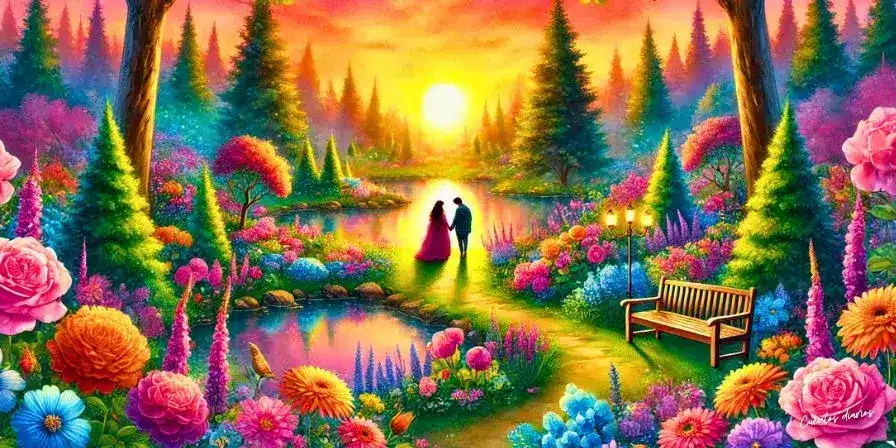 Dibujo en acuarela de una pareja en un jardín mágico, rodeados de flores coloridas y un lago, al atardecer.