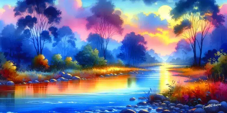 Dibujo de un paisaje con un río para el cuento: "La melodía del río al anochecer".