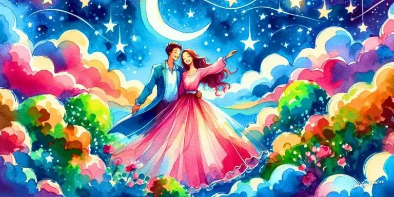 Pareja enamorada flotando entre las estrellas y la luna en un ambiente onírico y romántico.