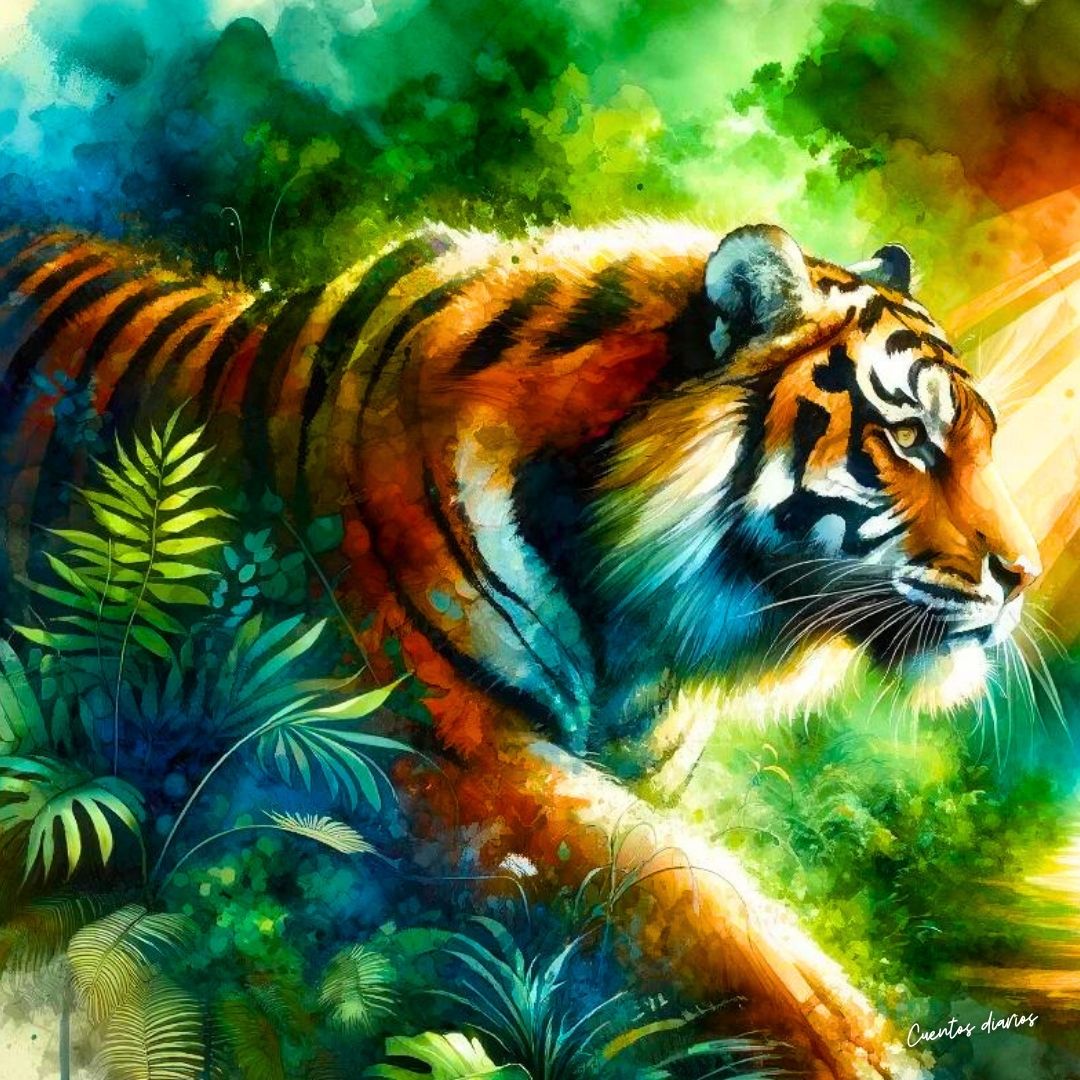 Dibujo cuadrado de un tigre en la selva en referencia a los cuentos de tigres.