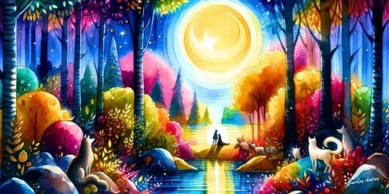 Pareja enamorada bajo un cielo estrellado y una luna llena, rodeados de un bosque colorido y animales que observan en calma.