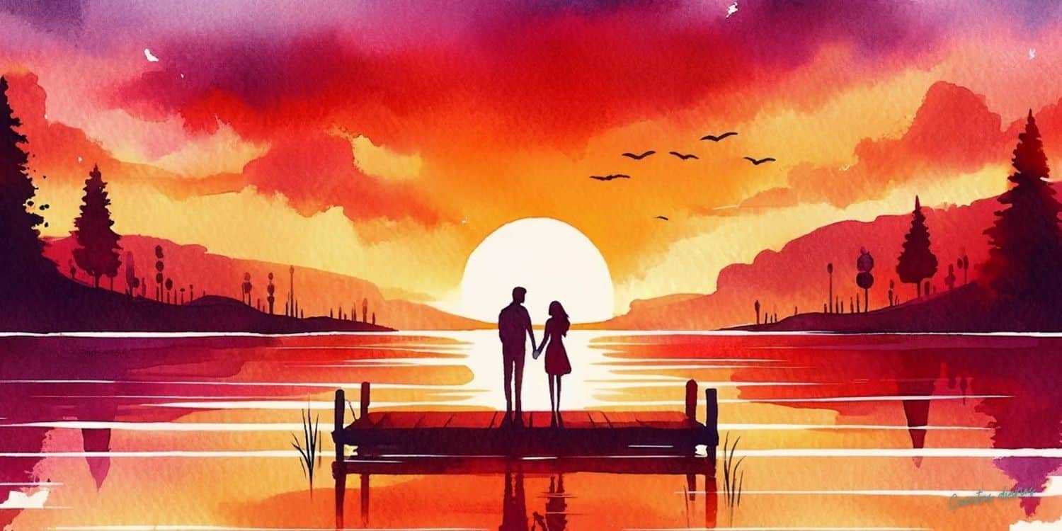 Dibujo de una pareja de enamorados al contraluz sobre una superficie de madera en medio de un lago con el Sol al fondo en referencia a los cuentos de amor para adultos.