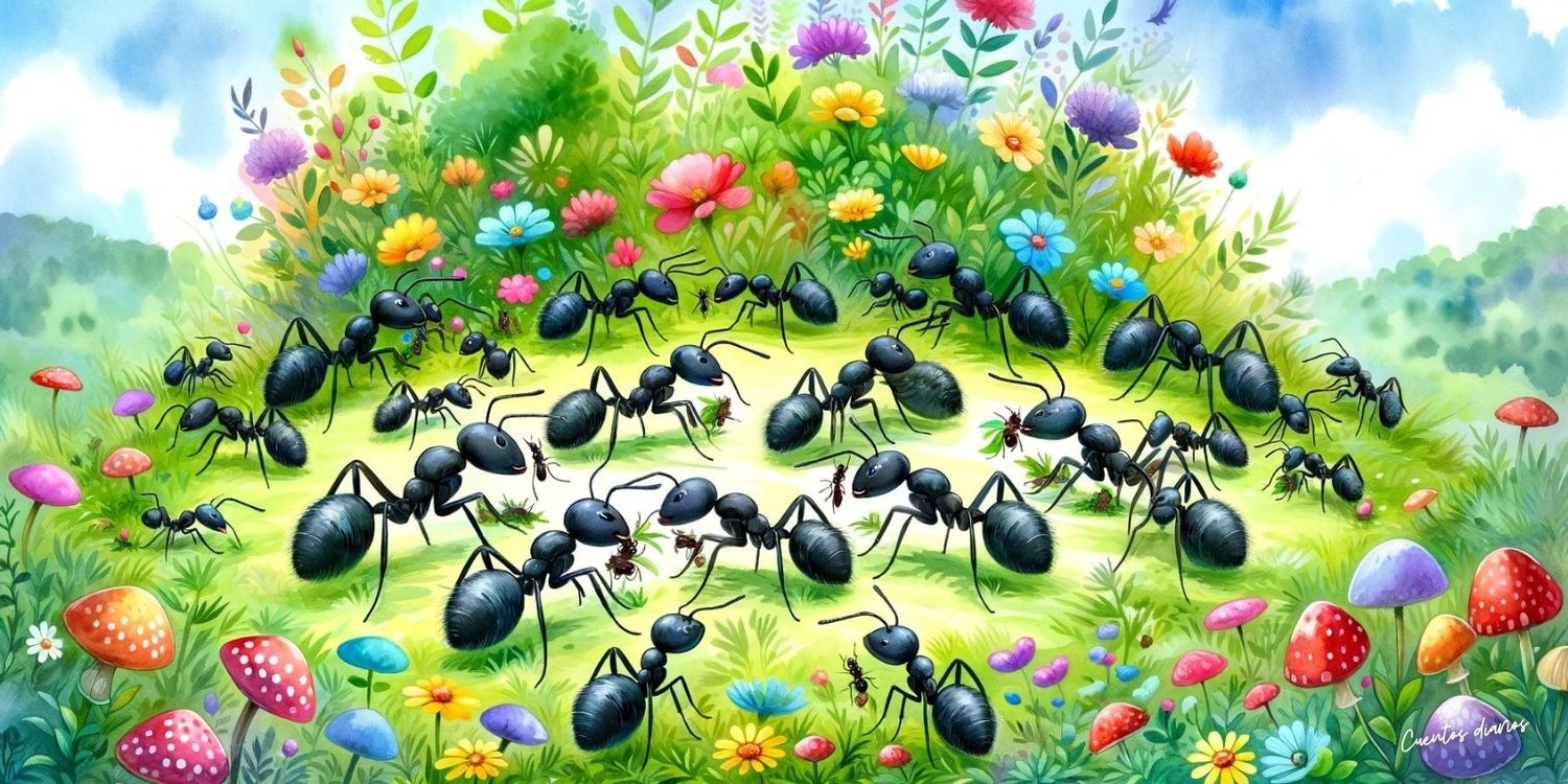 Dibujo de un grupo de hormigas en el campo en referencia a los cuentos de hormigas.