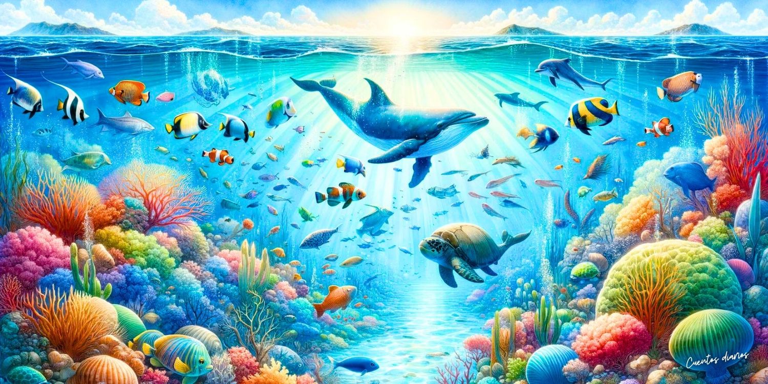 Dibujo apaisado de peces y animales en el mar en referencia a los cuentos de animales marinos y acuáticos.