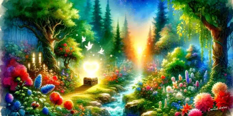 Dibujo de cuento con un baúl mágico en medio de un bosque al atardecer del que emerge un corazón dorado.