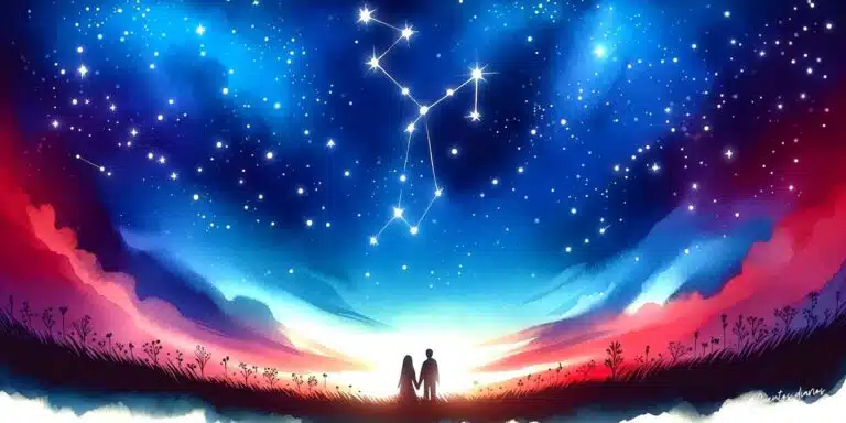 Dibujo al contraluz de una pareja mirando el cielo cielo estrellado al anochecer para el cuento: "La leyenda de la Constelación del Amor y los enamorados eternos".