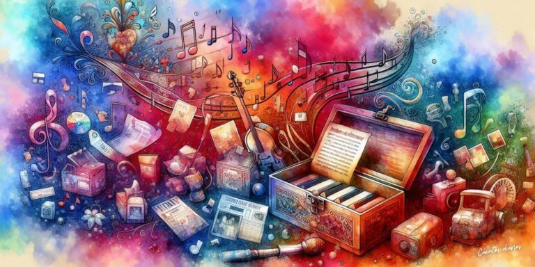 Dibujo relacionados con instrumentos y objetos musicales para el cuento: La melodía olvidada de la caja musical de los recuerdos.