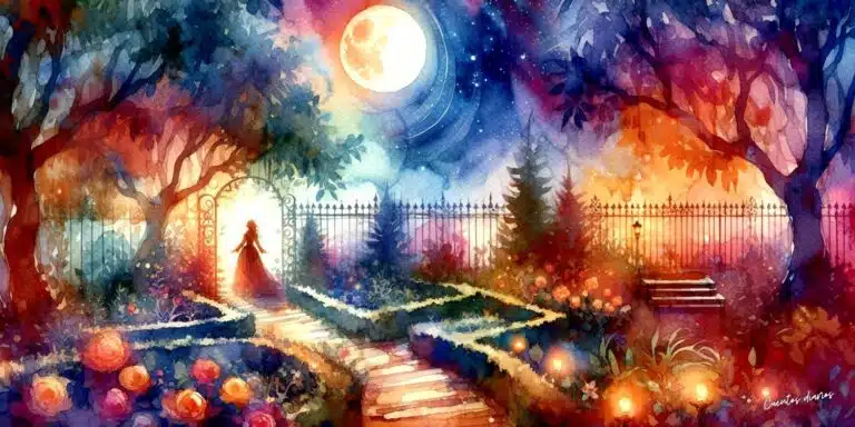 Dibujo de una princesa en un jardín para el cuento: Jardines secretos donde las princesas tejen romances a la luz de la luna