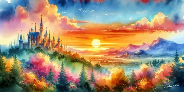 Dibujo de un paisaje al atardecer con el Sol al fondo. para el cuento: Atardeceres que cobijan promesas de amor en el reino de una princesa enamorada.