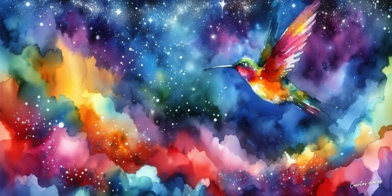 Dibujo de un colibrí volando para el cuento: El vuelo del colibrí bajo el cielo de la noche infinita.