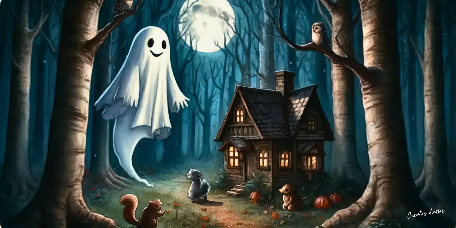 Dibujo de un fantasma con sábana blanca en una noche con luna llena acercándose a una casa en el bosque en referencia a los cuentos de infantiles de terror. Relatos que dan miedo a los niños y niñas.