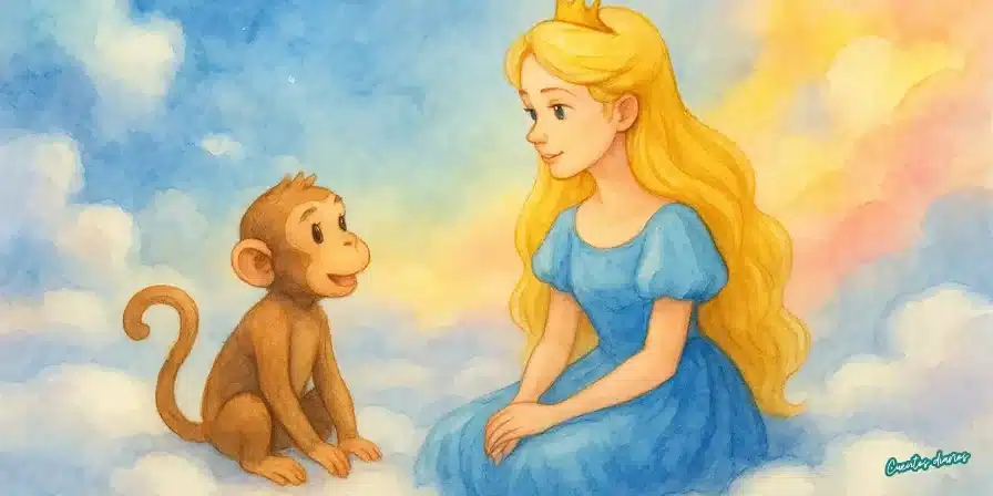 Cuento: El mono y la princesa del reino de las nubes en el cielo 18 Dibujo en acuarela de una princesa rubia con corona azul sentada entre nubes, frente a un simpático mono marrón, en un cielo mágico de tonos pastel.